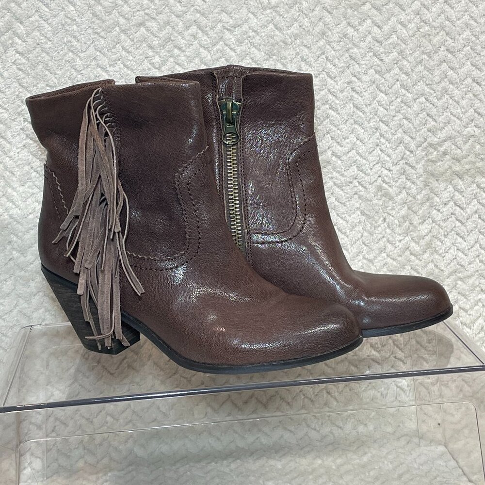 Sam Edelman Womens 8.5 Boho Chic Louie Brown Leather Fringe Ankle Western Boots